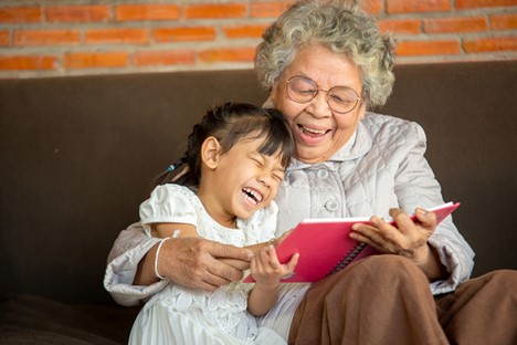 Older woman sitting on couch and reading a book to a girl