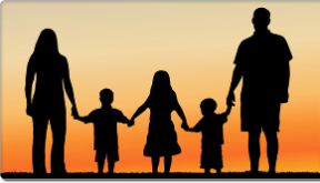 Family holding hands, silhouetted by the Sunset