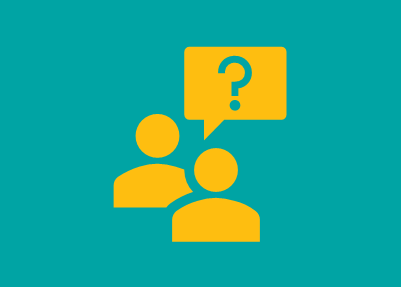 Two yellow human-like icons on a teal background, with one figure speaking to another. A speech bubble containing a question mark hovers over one figure, symbolizing guidance or asking for help.