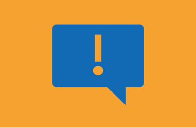 Dark blue speech bubble with an exclamation mark in the center, set against a yellow background, symbolizing an alert or important message.