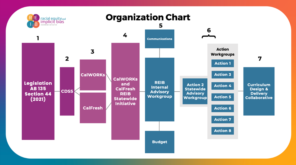 Organization chart for the Racial Equity and Implicit Bias (REIB) Strategic Initiative, showing seven sections. Key components include legislation (AB 135), programs (CalWORKs and CalFresh), statewide initiatives, advisory workgroups (including eight action workgroups), and curriculum design and delivery. Arrows connect sections to illustrate relationships and workflow.