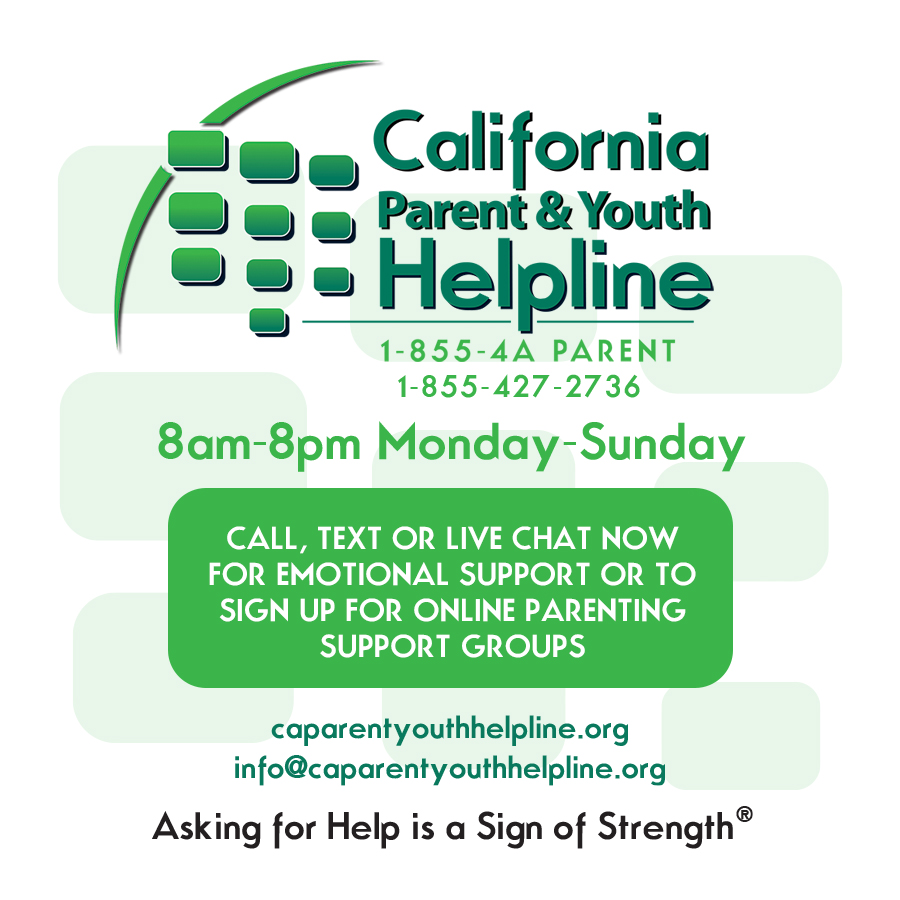 Image for California Parent and Youth Helpline with corresponding text. 1-855-427-2736, 8am-8pm Monday-Sunday