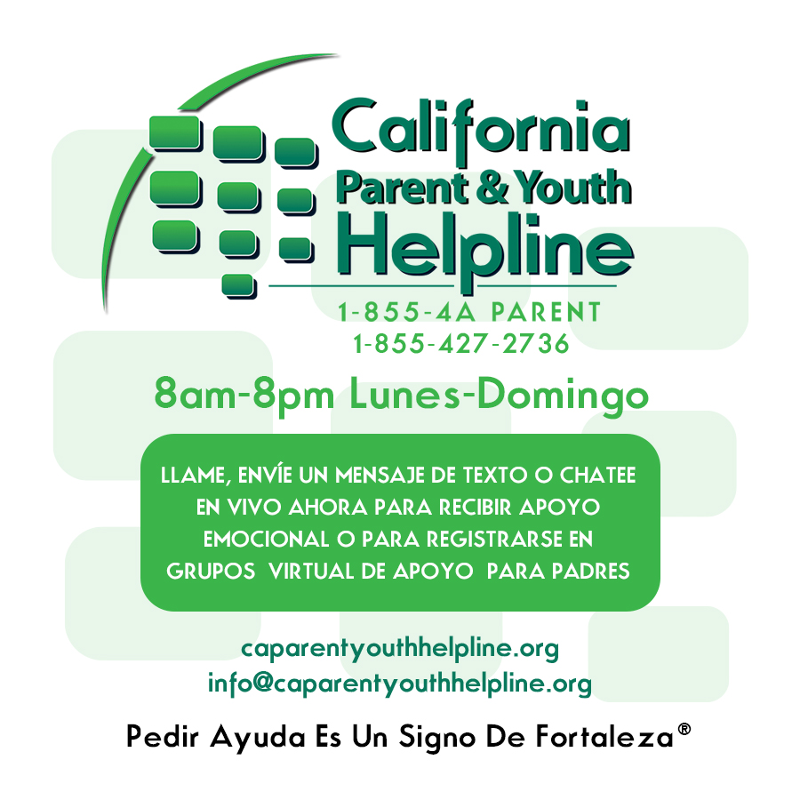 Imagen de la línea de ayuda para padres y jóvenes de California con el texto correspondiente. 1-855-427-2736, de 8 a.m. a 8 p.m. de lunes a domingo