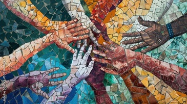 A vibrant mosaic artwork depicting multiple hands of diverse skin tones reaching towards the center. The hands are composed of various colored tiles, symbolizing unity, diversity, and collaboration. The background transitions from cool blues and greens to warm yellows and reds, adding depth and energy to the piece.