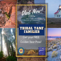 Promotional graphic featuring scenic landscapes from multiple parks, encouraging Tribal TANF Families to get a free Golden Bear Pass for access.