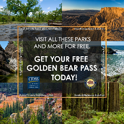 Promotional graphic featuring scenic landscapes from multiple parks, encouraging CalWORKs recipients to get a free Golden Bear Pass for access.