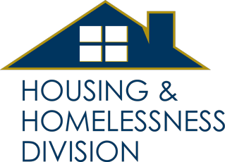 Housing and Homelessness Logo: Roof and windows sitting on top of text